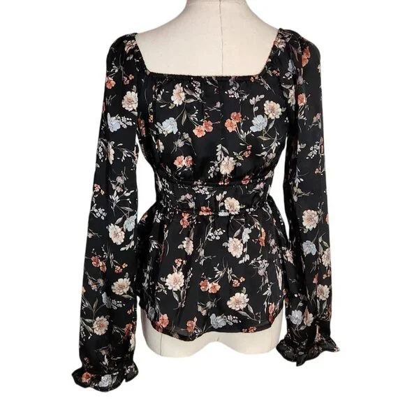 Papermoon Black Floral Empire Waist Long Sleeve Blouse New With Tags Women's S - Picture 3 of 12
